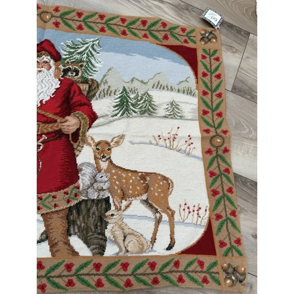 Vintage 1994 C&F Ent. Wool Needlepoint Santa Woodland Animals Tapestry 42X30